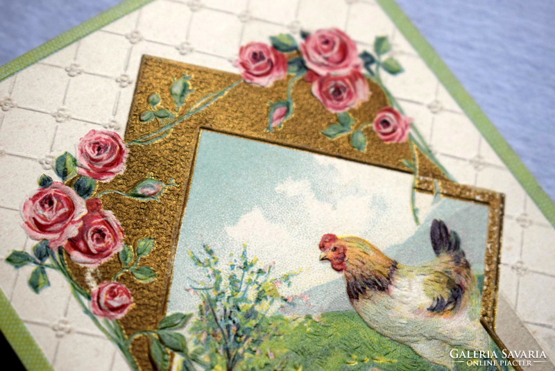 Antik dombornyomott Húsvéti üdvözlő képeslap - csibék, tyúkanyó , rózsa