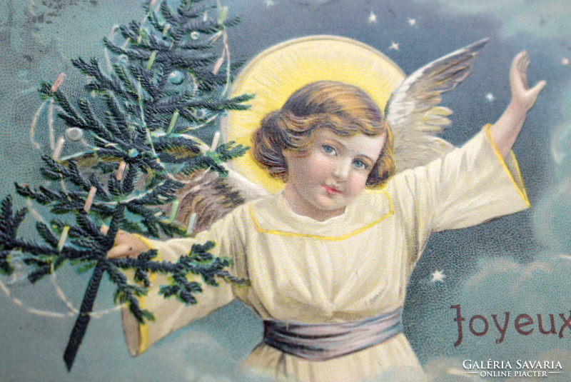 Antik dombornyomott Karácsonyi üdvözlő képeslap - angyalka karácsonyfával 1907ből