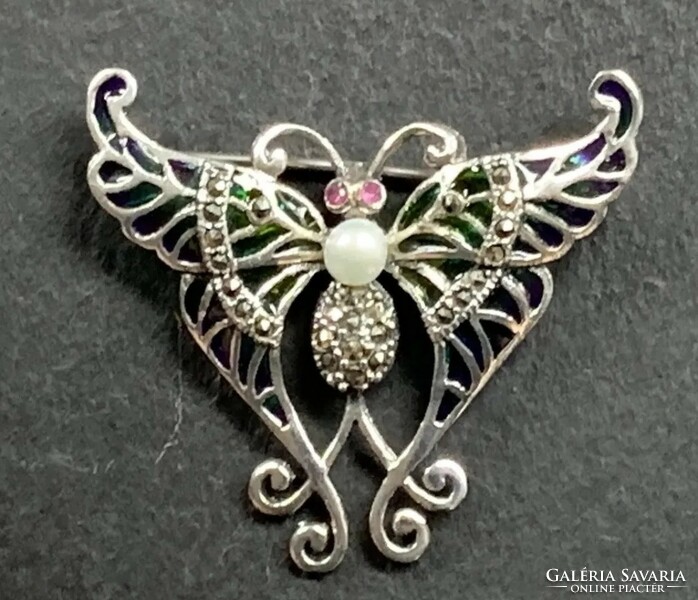 Huge butterfly/moth silver pendant/brooch with marcasite and fire enamel silver /925/ --new