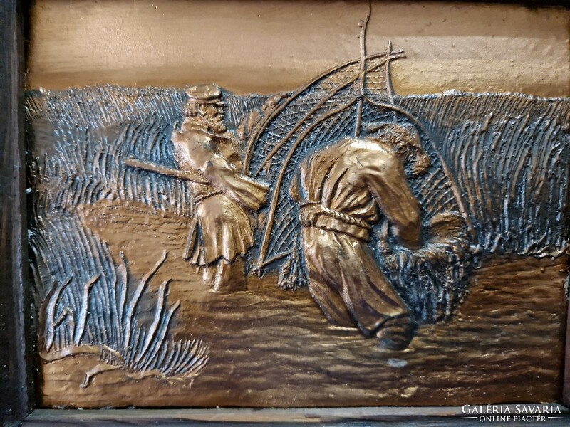 Copper wall picture relief fisherman scene