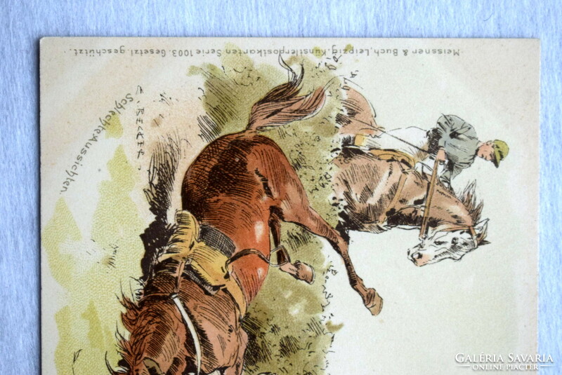 Antik  Meissner & Buch, Carl Becker grafikus üdvözlő képeslap -  lovasbaleset
