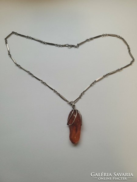 Art deco style Polish silver and raw amber stone necklace with special eyes!