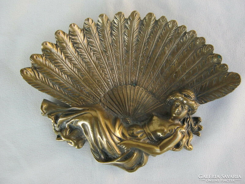 Woman with fan copper bowl table business card holder art nouveau style desk decoration 16x12 cm