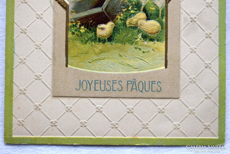 Antique embossed Easter greeting card - chicks, hen, rose