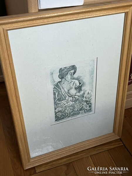 Lactating woman framed in etching