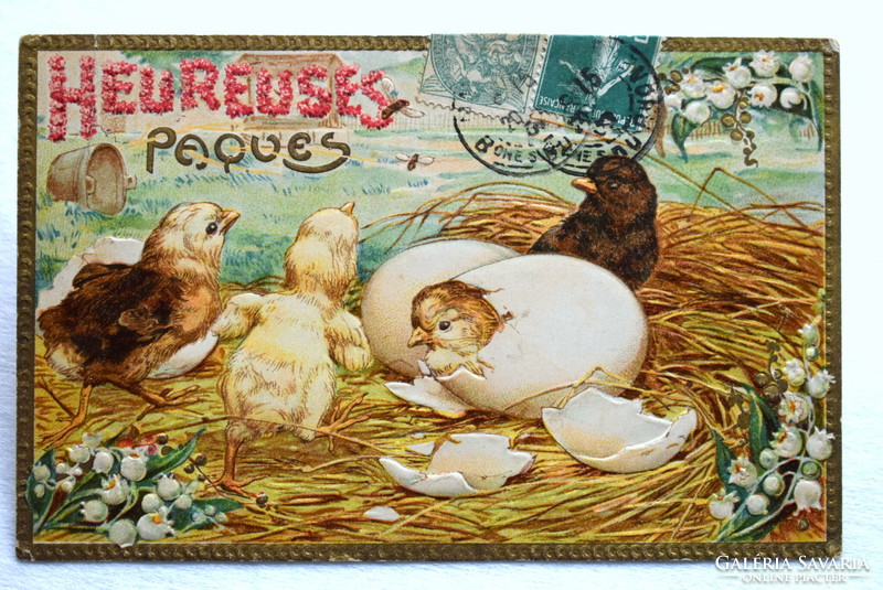 Antique embossed Easter greeting card - chicks, lily of the valley from 1907