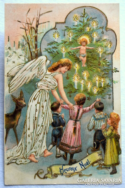 Antique embossed Christmas greeting card - angel, Christmas tree, baby Jesus from 1907