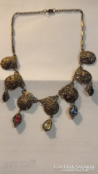 Beautiful old necklace vintage collier, women's metal jewelry with colored stones