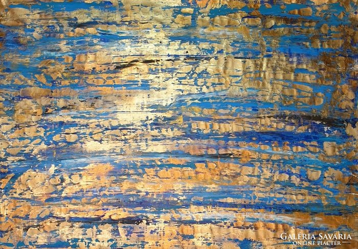 Huge size modern painting - blue gold composition 110 x 155 cm