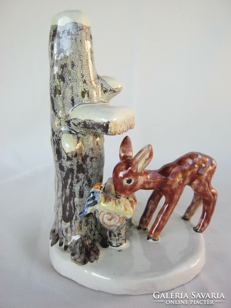 Izsépy ceramic winter scene deer and small bird at the feeder 17 cm