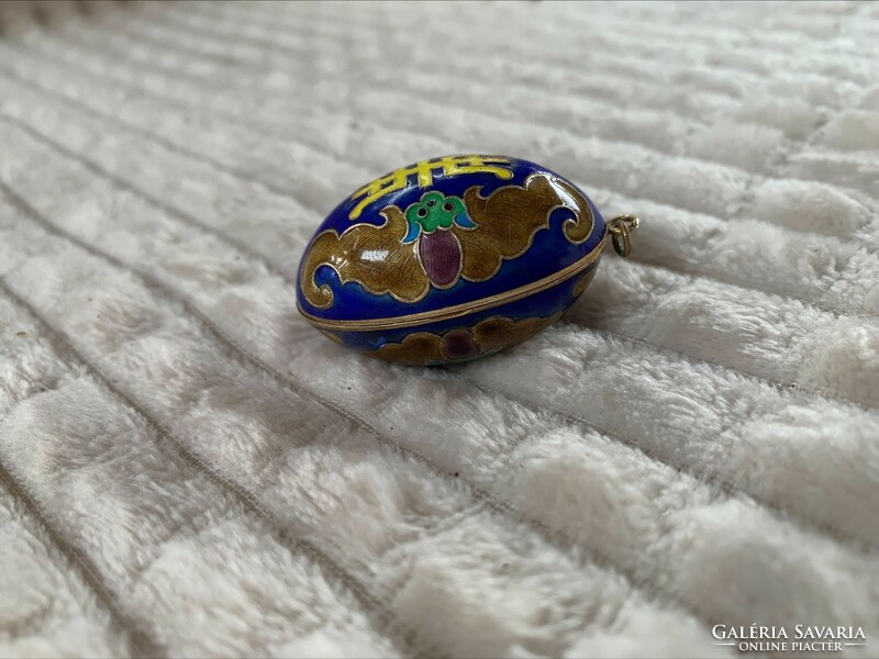 Vintage 1970's Chinese Enamel Silver Openable Egg Pendant, Large, 925 Sterling Silver