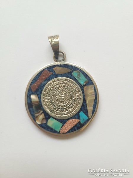 Old silver Mayan calendar pendant with mineral inlay (sunstone, mother-of-pearl, turquoise, etc.)