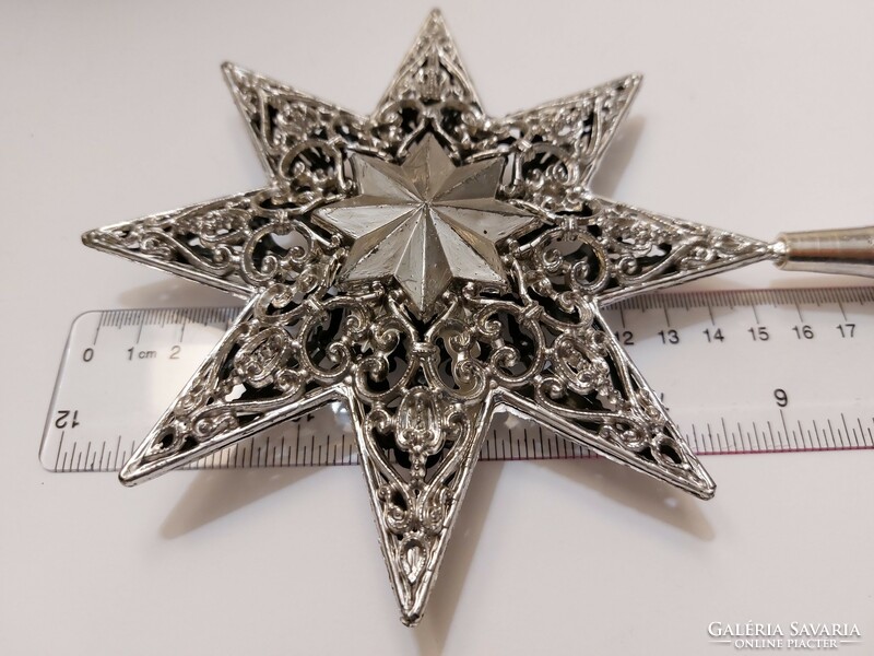 Régi karácsonyfadísz ezüst csillag műanyag retro csúcsdísz 21 cm