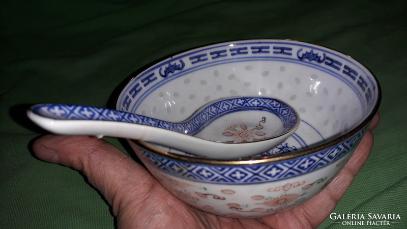 Tradícionális HIBÁTLAN kínai rizsszemes dísz porcelántálka HOZZÁVALÓ kanállal a képek szerint