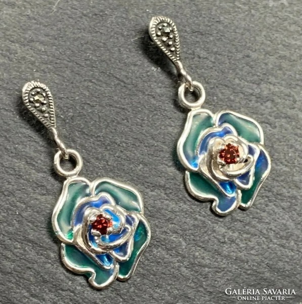 Lovely floral silver earrings with fire enamel and marcasite /925/ --new