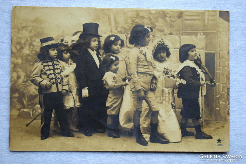 Antique photo postcard - children playing wedding