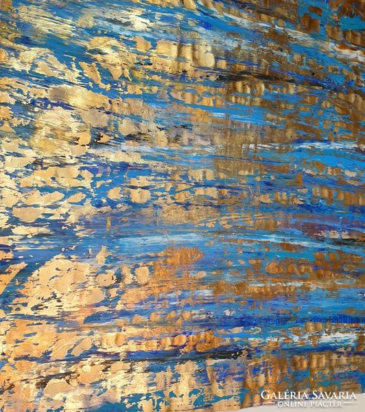 Hatalmas méretű modern festmény - kék arany kompozíció 110 x 155 cm