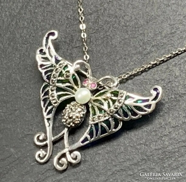 Huge butterfly/moth silver pendant/brooch with marcasite and fire enamel silver /925/ --new