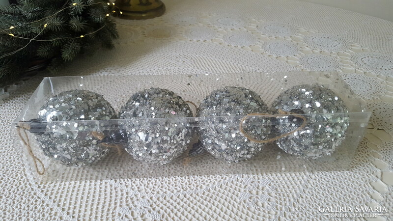 Set of silver sequined, glittery, beaded Christmas tree decorations