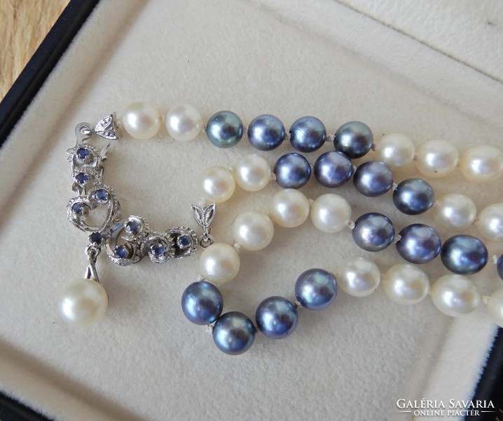 Genuine Two Tone Akoya Pearl String with 14K White Gold Pendant and Sapphire Stones