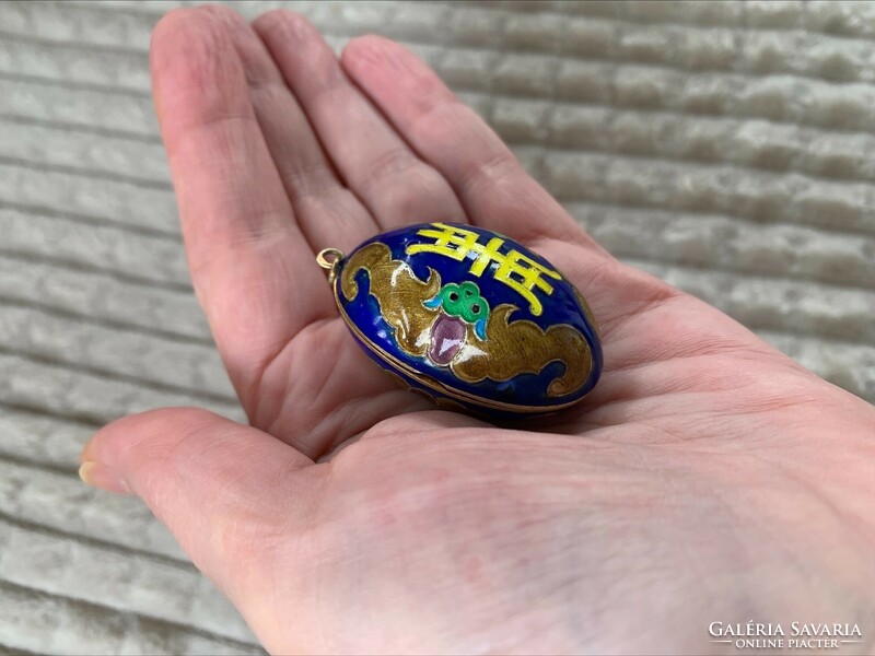Vintage 1970's Chinese Enamel Silver Openable Egg Pendant, Large, 925 Sterling Silver