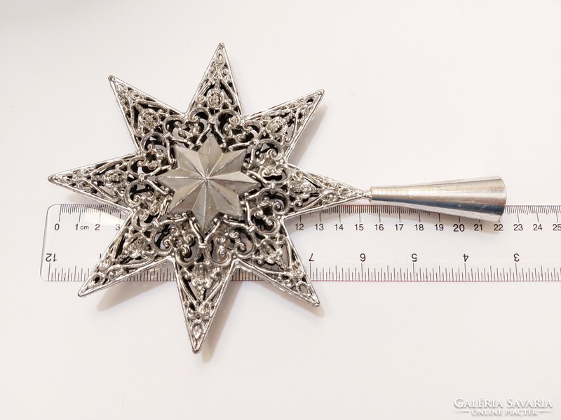 Régi karácsonyfadísz ezüst csillag műanyag retro csúcsdísz 21 cm