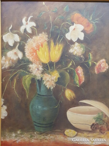 Old flower still life painting with pleasant colors, painted on canvas