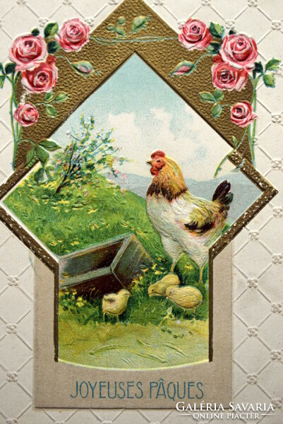 Antik dombornyomott Húsvéti üdvözlő képeslap - csibék, tyúkanyó , rózsa