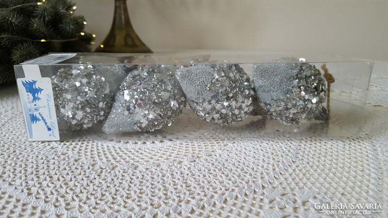 Set of silver sequined, glittery, beaded Christmas tree decorations