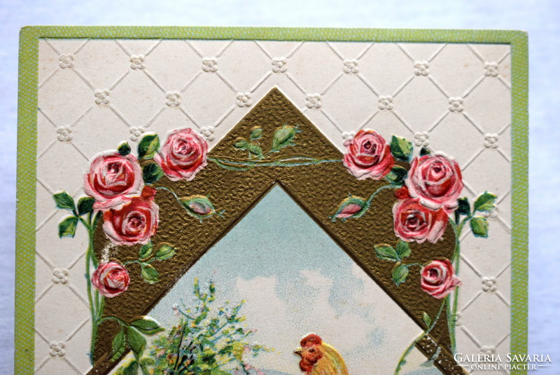 Antique embossed Easter greeting card - chicks, hen, rose