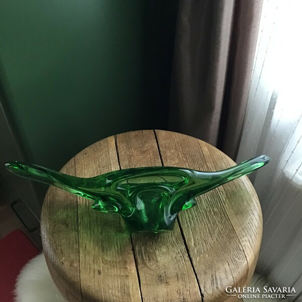 Régi cseh zöld kristály üveg tál