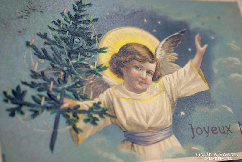 Antique embossed Christmas greeting card - angel with Christmas tree from 1907