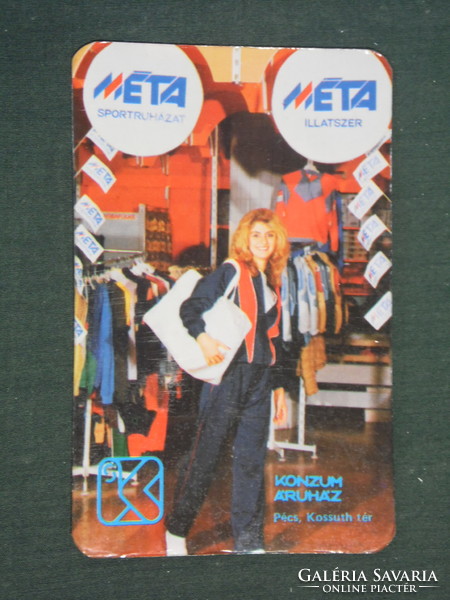 Kártyanaptár, Pécs konzum áruház, Méta sportruházat, erotikus női modell, 1986 ,   (2)
