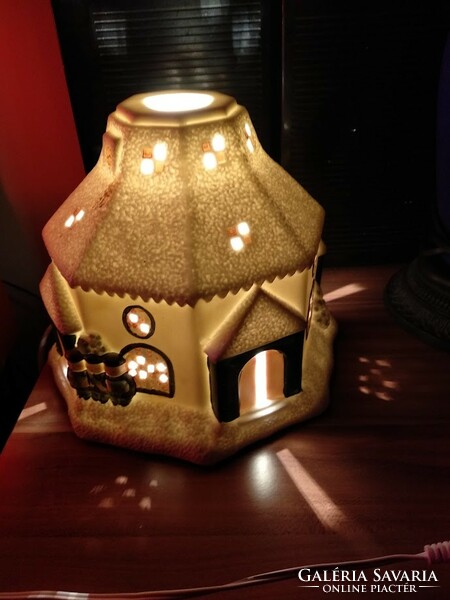 Wonderful porcelain ornament, winter cottage night lamp with figurative veil