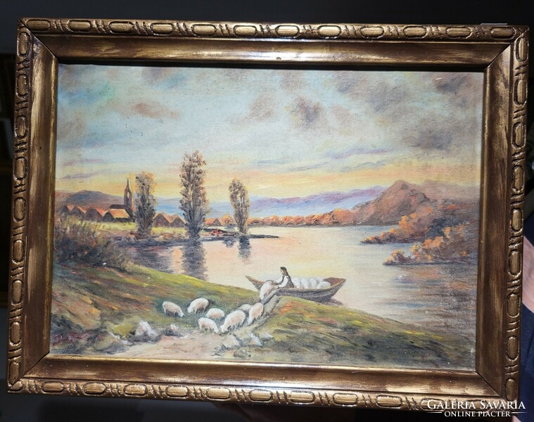 Shepherd on the river bank painting