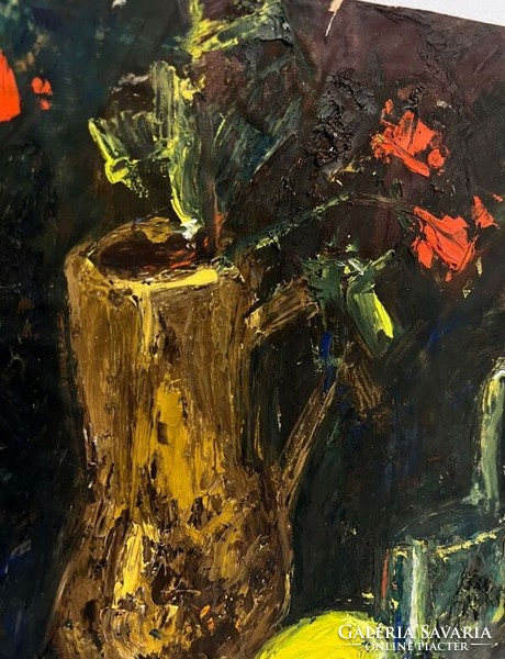 Újhelyi Jenő (1927- ) Asztali csendélet hervadó piros virággal /megvásárlásához számlát adunk)