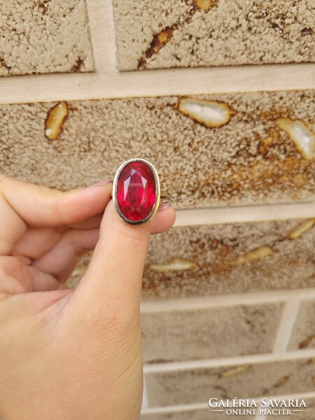 Art deco gold-plated Russian silver ring with a huge synthetic ruby, large!