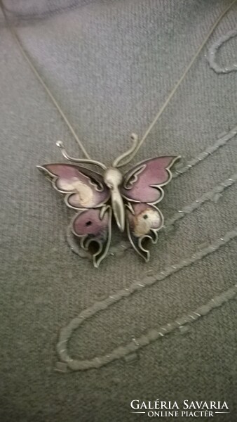 Decorative silver enameled butterfly pendant, brooch - unique jewelry, 40x37 mm