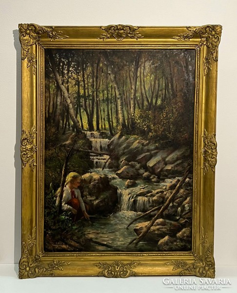 Mihály Rezes molnár (1921-2000) little girl on the bank of the stream - 95x76 cm, in a wonderful frame /invoice provided/