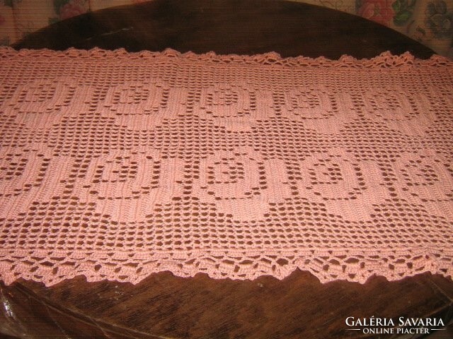 Beautiful rosy hand crocheted salmon pink tablecloth