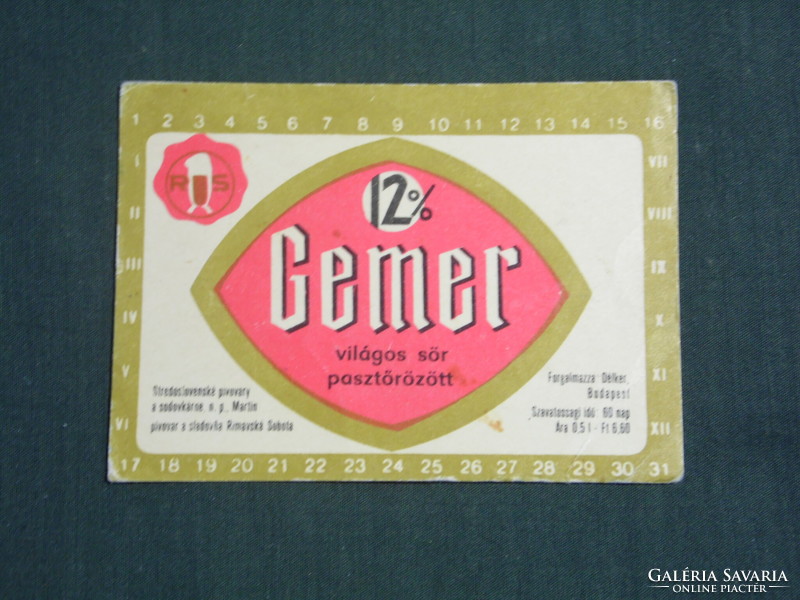 Kártyanaptár, Délker Budapest, Gemer világos sör, Rimaszombat sörgyár,sörfőzde,1983 ,   (2)