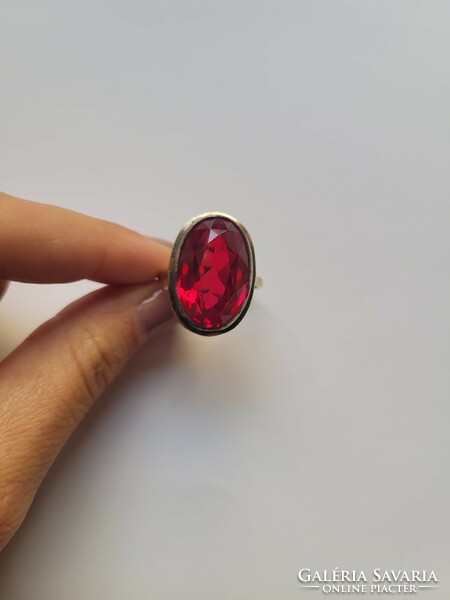 Art deco gold-plated Russian silver ring with a huge synthetic ruby, large!