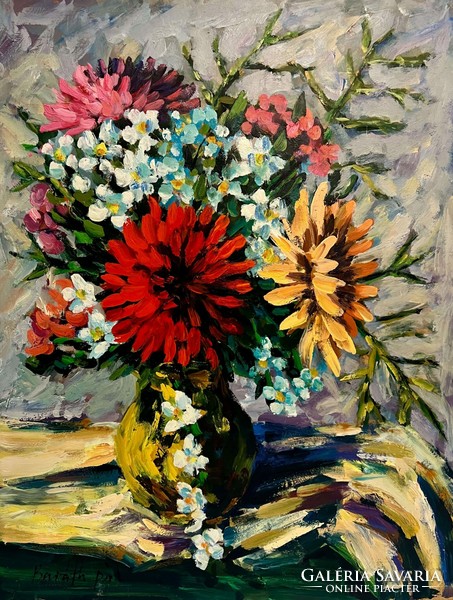 Baráth Pál (1950- ) Virágcsokor krizantémokkal - Gyönyörű virágcsendélet /számlát adunk/