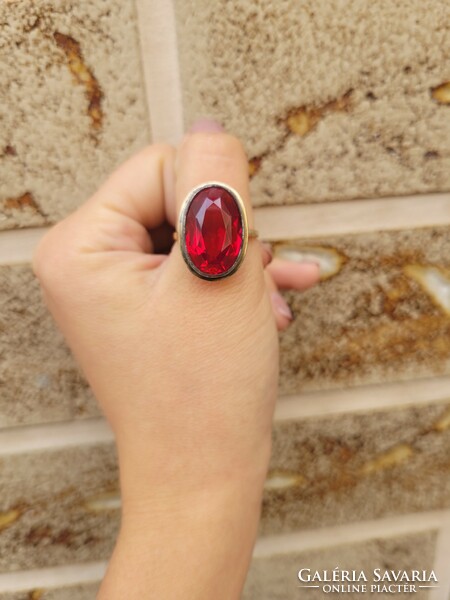 Art deco gold-plated Russian silver ring with a huge synthetic ruby, large!