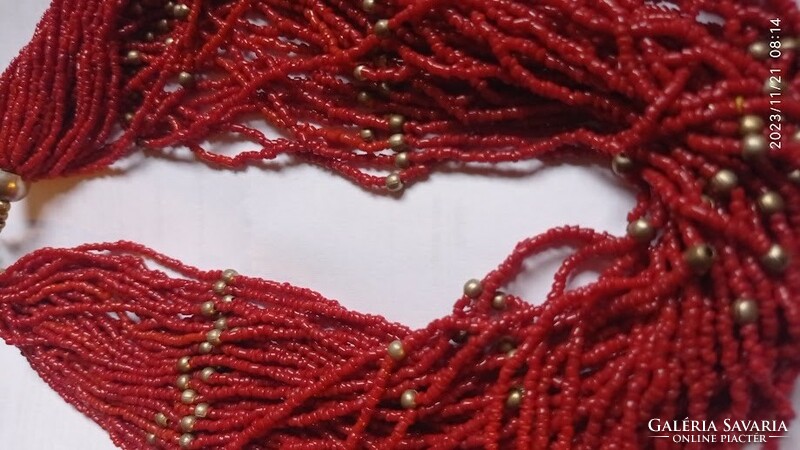 Multi-row brick red necklace, old vintage women's jewelry with glass beads