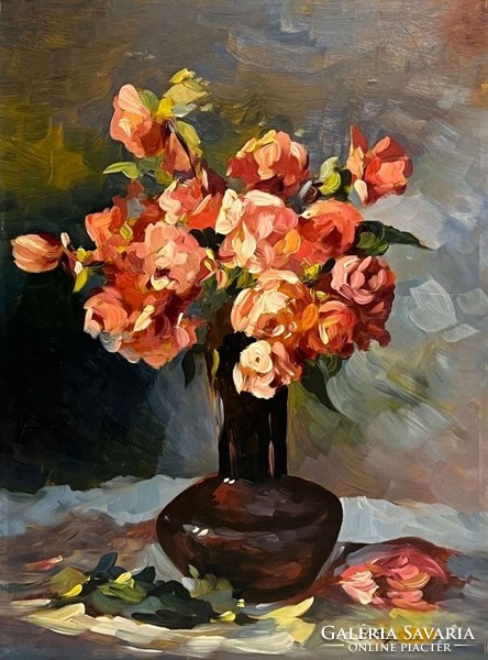 Palotai Lajos (1951- ) Virágcsokor hosszú nyakú vázában /számlát adunk/