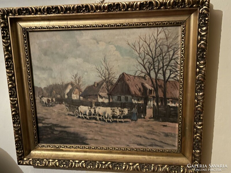 György Németh - ox cart in front of the house..