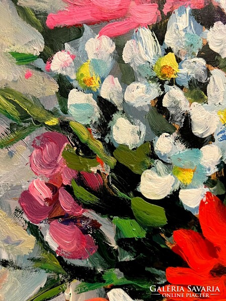 Baráth Pál (1950- ) Virágcsokor krizantémokkal - Gyönyörű virágcsendélet /számlát adunk/