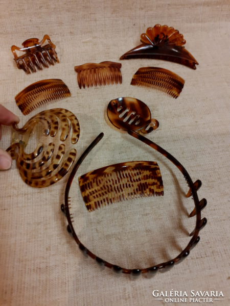 Amber-colored hairpin and hairpins combs in a retro, beautiful condition