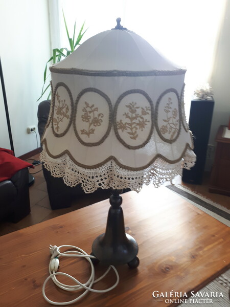 Large antique bronze table lamp with embroidered textile lampshade